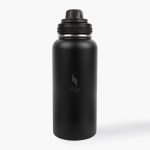 A drink bottle made of stainless steel, featuring a sleek black finish and a twist-on cap with a logo.