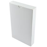 A sleek, white cardboard box designed for packaging a product, featuring a top flap closure.
