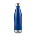 A drink bottle made of stainless steel in a vibrant blue color with a silver bottom.