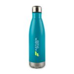 A drink bottle in bright turquoise with a stainless steel base and a logo on its surface.