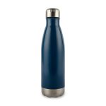 A drink bottle in a sleek dark blue color with a stainless steel bottom and a silver cap. It features a logo.