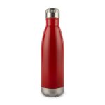 A drink bottle featuring a sleek red stainless steel design with a silver screw-on cap and a rounded base.