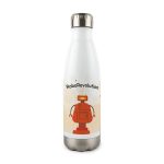 A drink bottle with a sleek stainless steel design featuring a playful robot graphic and the text "RoboRevolution."