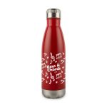 A drink bottle in red stainless steel featuring decorative musical notes and a logo on the surface.