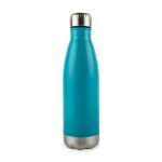 A drink bottle with a sleek turquoise design and a stainless steel base, featuring a silver cap.
