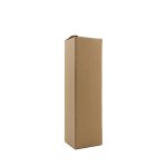 A plain brown cardboard box, standing upright, featuring a rectangular shape with a closed top.