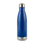 A drink bottle with a sleek blue exterior and a stainless steel bottom. It features a shiny metal cap.