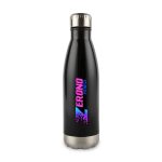 A drink bottle in black with a stainless steel bottom and a logo displayed on the body.