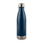 A drink bottle with a sleek blue exterior and a stainless steel base, featuring a screw-on lid.