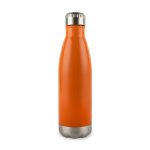 A drink bottle in a vibrant orange color with a stainless steel base and a screw-on cap.