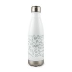 A drink bottle in white with a metallic silver lid, featuring a graphic design of construction tools.