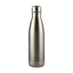 A drink bottle with a sleek, stainless steel design, featuring a screw-on cap and a rounded bottom.