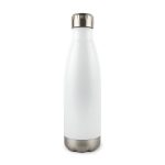 A drink bottle with a sleek white body and a stainless steel bottom, featuring a metallic cap.