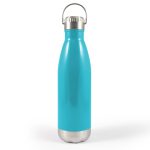 A drink bottle in bright turquoise with a stainless steel bottom and a metal hanger lid. It features a logo.