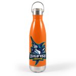 A drink bottle with a silver lid and an orange body featuring a large fish logo.