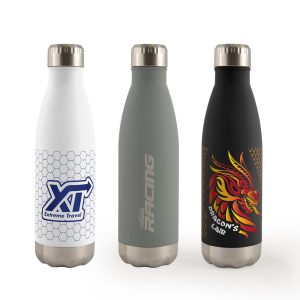 A drink bottle set featuring three vacuum bottles in white, green, and black, each with distinct designs and logos.