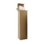 A tall, open brown cardboard box with white tissue paper inside. The box is empty and upright.