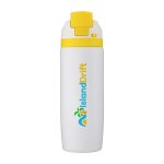 A drink bottle in white and yellow, featuring a logo and a secure flip-top lid.