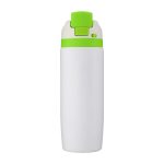 A drink bottle featuring a white body and a bright green cap, with a logo on its surface.