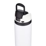 A drink bottle in white with a black lid and handle, featuring a logo on the side.