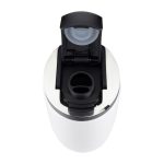 A drink bottle in white with a black lid, featuring a flip-top spout and a built-in straw opening.