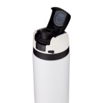 A drink bottle in matte white with a black lid and spout. Features a logo on the side.