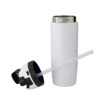 A drink bottle in white with a silver lid, accompanied by a black lid with a straw attachment.