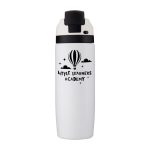 A drink bottle in white with a black lid featuring a logo and a design of hot air balloons.