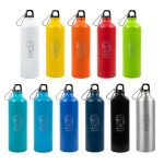 A drink bottle collection in various colors: white, yellow, orange, red, green, blue, black, and silver, featuring a logo.
