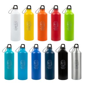 A drink bottle collection in various colors: white, yellow, orange, red, green, blue, black, and silver, featuring a logo.