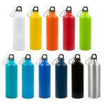 A drink bottle assortment featuring colors like white, yellow, orange, red, green, blue, black, and silver. Each has a carrying handle.