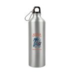 A drink bottle in silver aluminum with a logo featuring a beach scene and a clip for attachment.