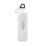 A drink bottle in white aluminum with a black lid and a clip, featuring a logo.