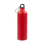 A drink bottle made of aluminum featuring a sleek red finish and a black cap with a carabiner attachment.