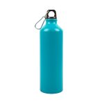 A drink bottle in a vibrant turquoise color with a black lid and a metal carabiner. It has a simple branding logo.