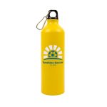 A drink bottle in bright yellow, featuring a logo and a carabiner for easy attachment.