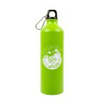 A drink bottle in bright green with a circular logo featuring mountains and sun rays. It has a black lid and a clip.