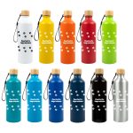 A drink bottle collection featuring various colors with bamboo lids and a logo. Available in white, yellow, orange, red, green, blue, navy, and silver.