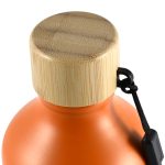 A drink bottle in vibrant orange with a bamboo lid and a black attachment loop. Features a logo.