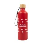 A drink bottle in red with a bamboo lid and a logo, featuring a paw print design.
