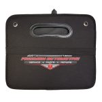 A black storage organiser with a handle and a logo, featuring pockets for tools and accessories.