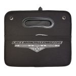 A black Cargo Storage Organiser with a handle and a logo, featuring a smooth surface and securing strap.