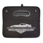 A black cargo storage organiser with a handle and a logo featuring a car silhouette.