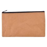 A kraft paper pouch in brown with a black zipper, featuring a simple design and a branding logo.