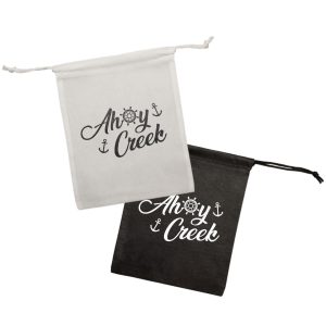 Two drawstring pouches in black and white, featuring a logo with nautical elements.