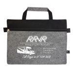A grey felt satchel with a black top and a zip, featuring a logo and contact details for RV rentals.
