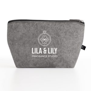 A grey felt pouch featuring a logo, ideal for organising toiletries and accessories.