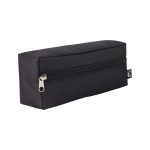 A black utility case with a rectangular shape and a zippered closure. It features a logo on the side.