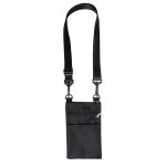A black neck pouch with a strap and a zippered pocket, featuring a mesh overlay on the front.