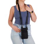 A black neck pouch with adjustable straps is worn by a person, featuring a front pocket and a logo.